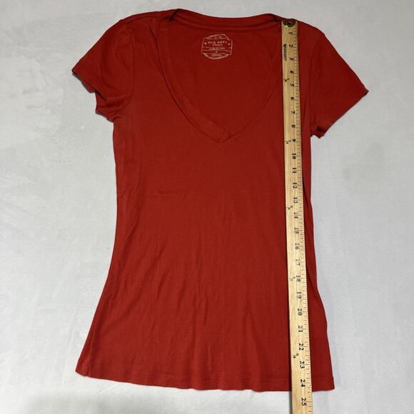 Y2K 2000s Deep V Neck T Shirt Womens Medium Orange Long Slim Stretch Y2K - Picture 5 of 9